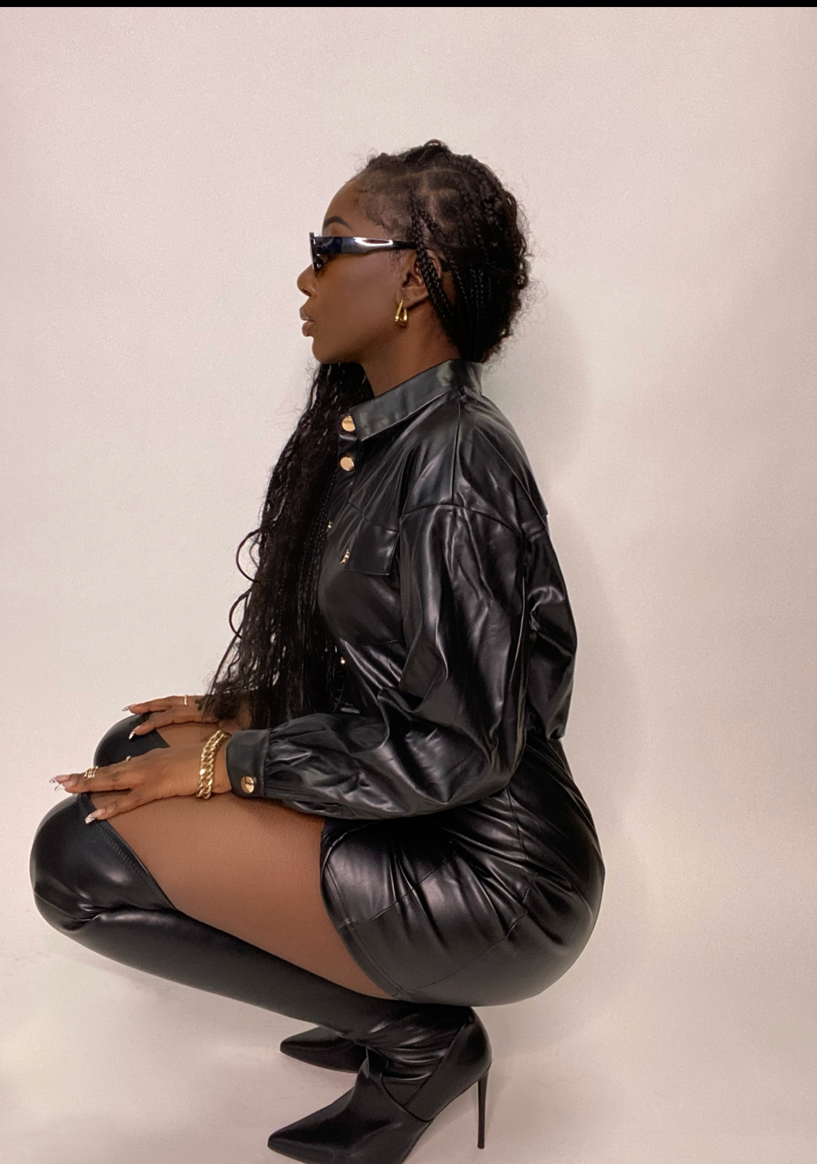 leather dress babe Black Vegan Leather Dress - Button-Up Dress - Long Sleeve Dress